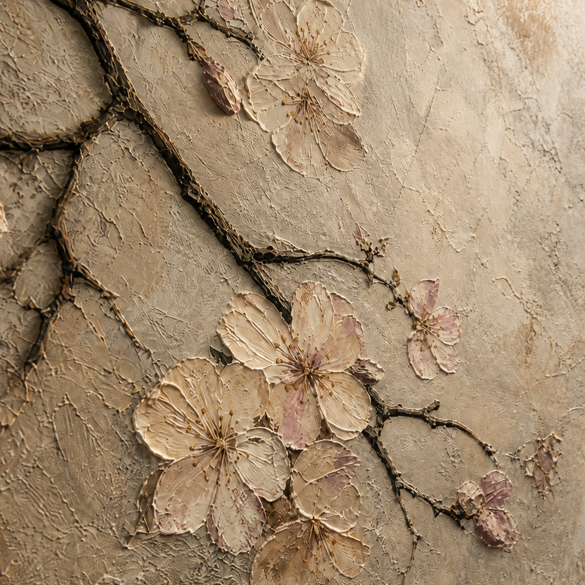 Petal-Relief oil painting brushwork and impasto detail photographed from an oblique side angle