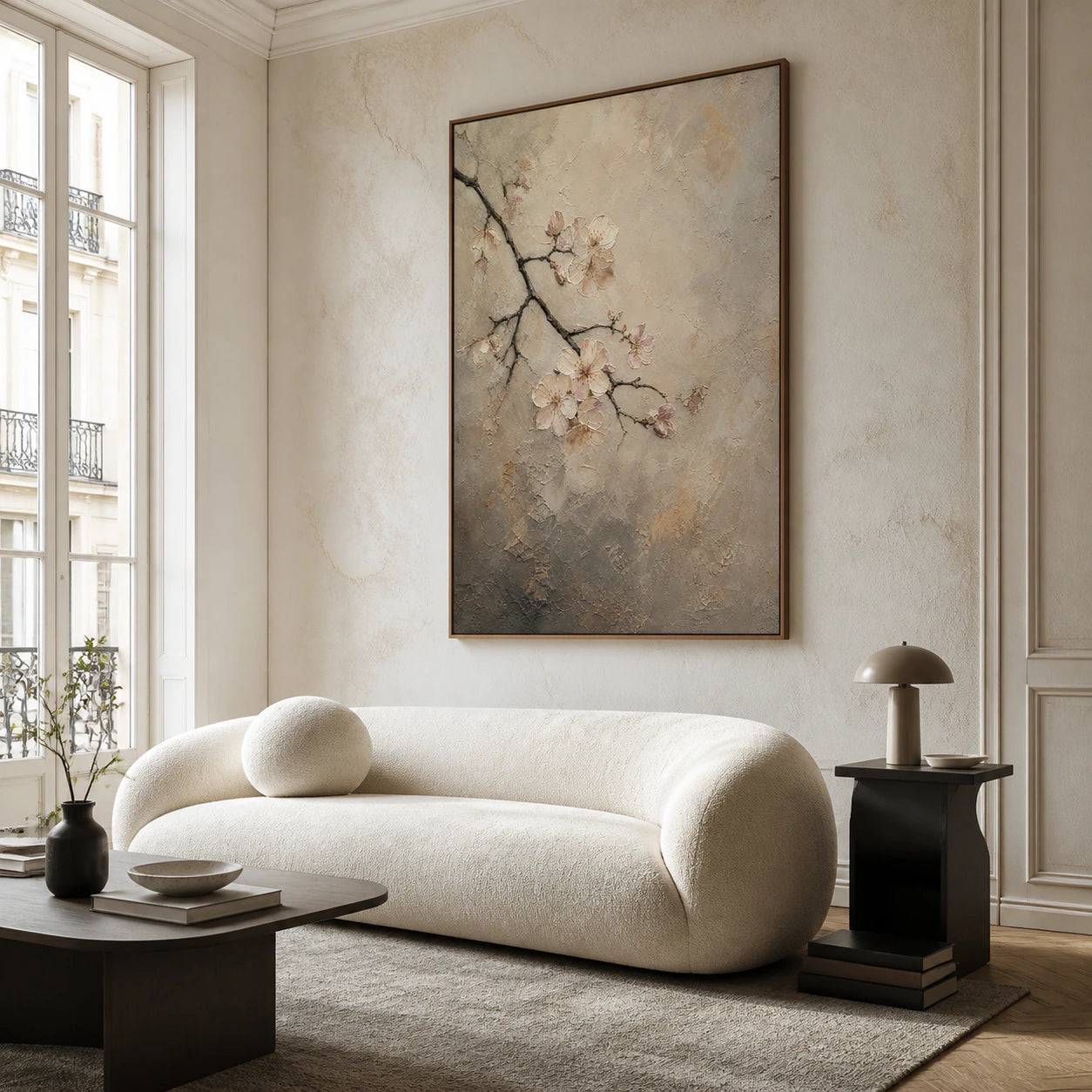 Petal-Relief as the focal artwork in a bright, open living room.