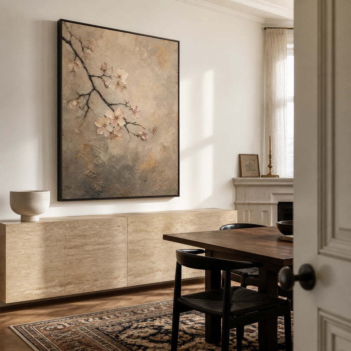 Petal-Relief displayed above a refined dining setting in natural daylight.