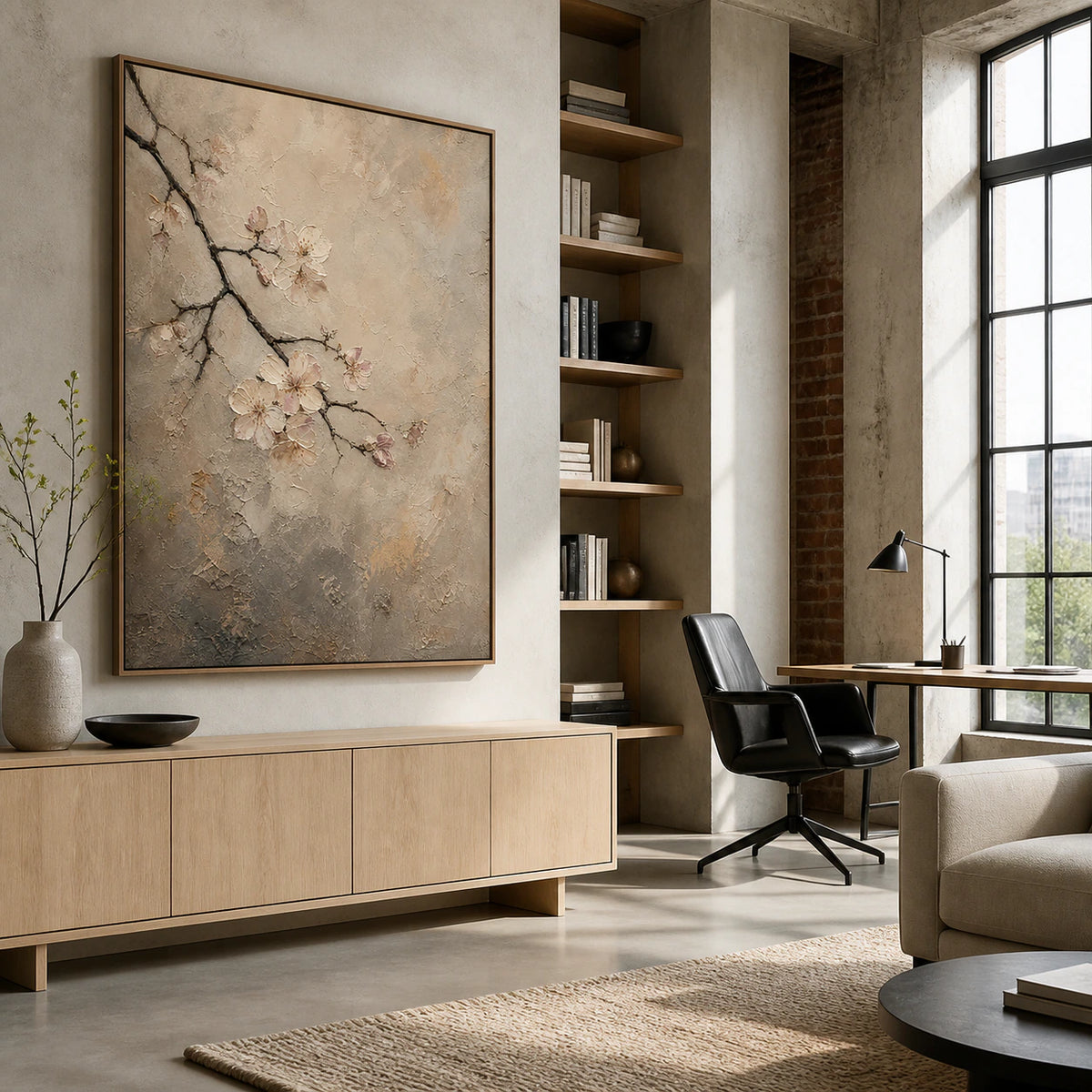 Petal-Relief as the central artwork in an airy home office reading space.