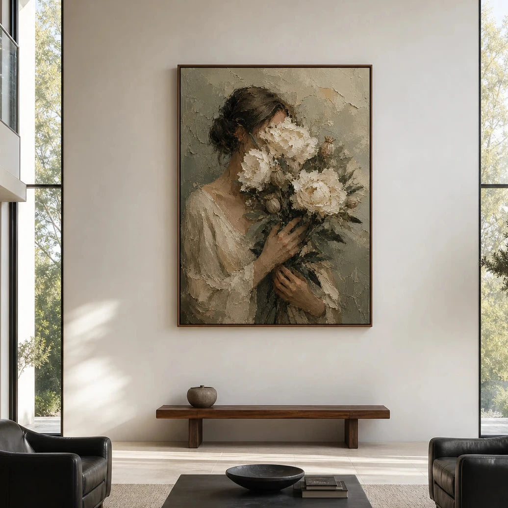 Large-scale Petal-Reverie portrait displayed straight-on in a bright, expansive great room.