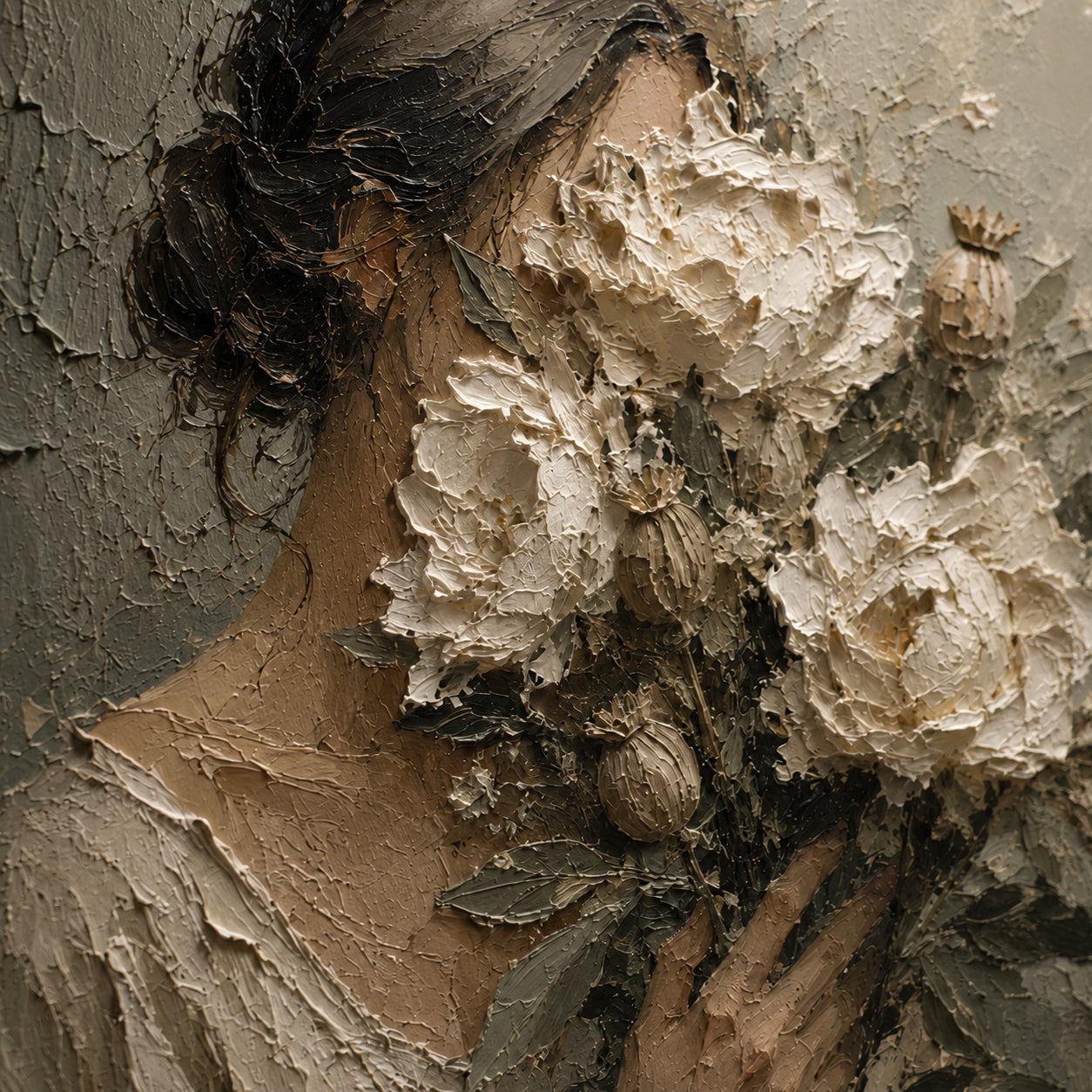 Close view of Petal-Reverie revealing raised strokes across the ivory flowers, figure and weathered background.