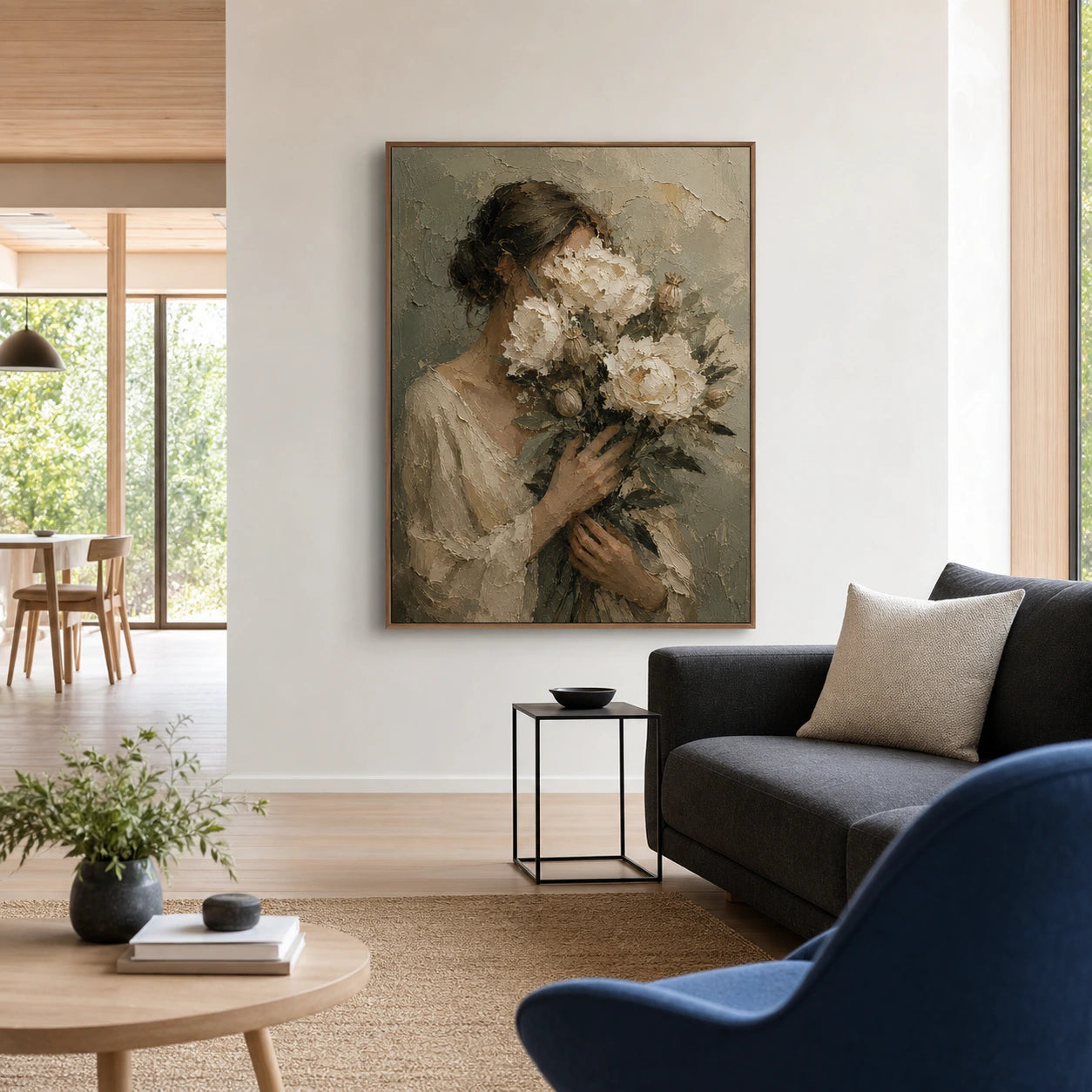 Petal-Reverie presented as the focal artwork in a bright living room with contrasting charcoal seating.
