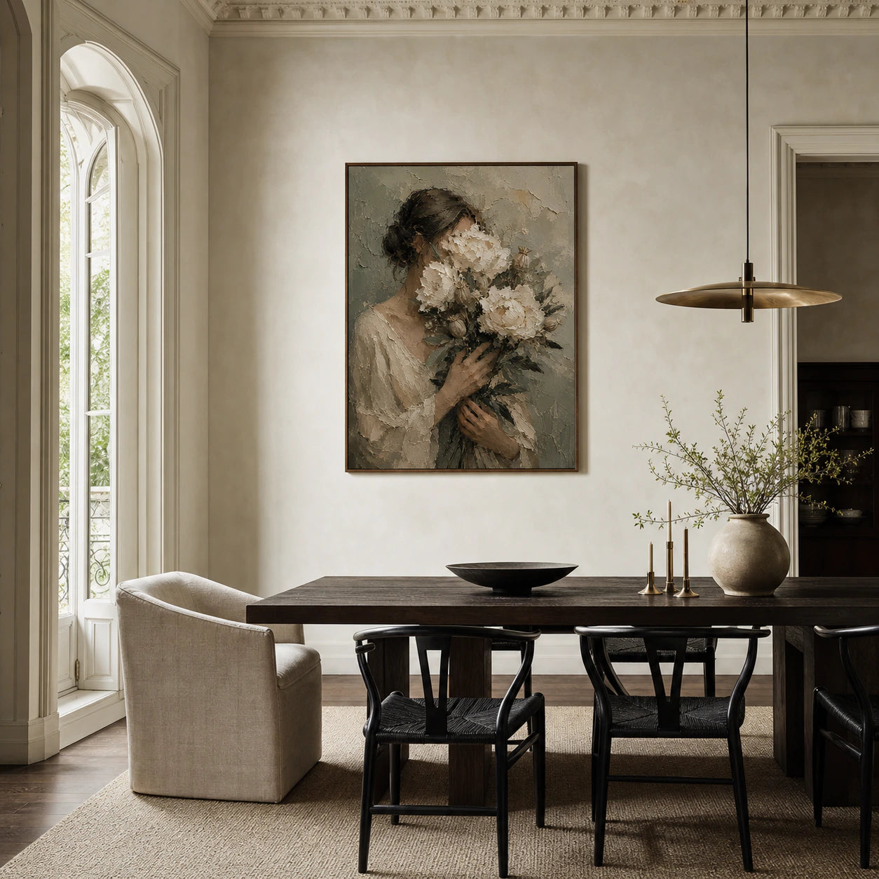Petal-Reverie displayed prominently above a dark dining table in a refined daylight-filled dining room.