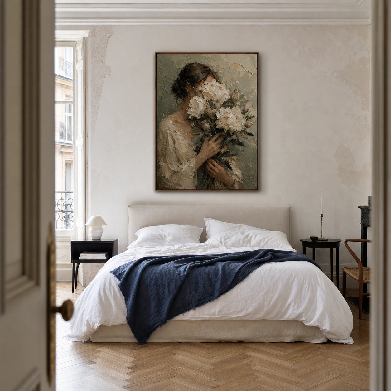 Petal-Reverie centered above a quiet bed with crisp white and slate-blue linens in natural daylight.