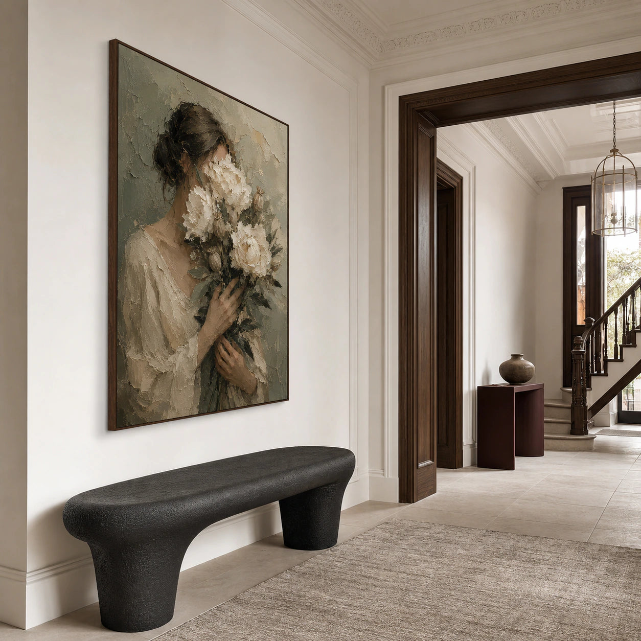 Gallery-scale Petal-Reverie portrait commanding a spacious foyer with a sculptural black bench.