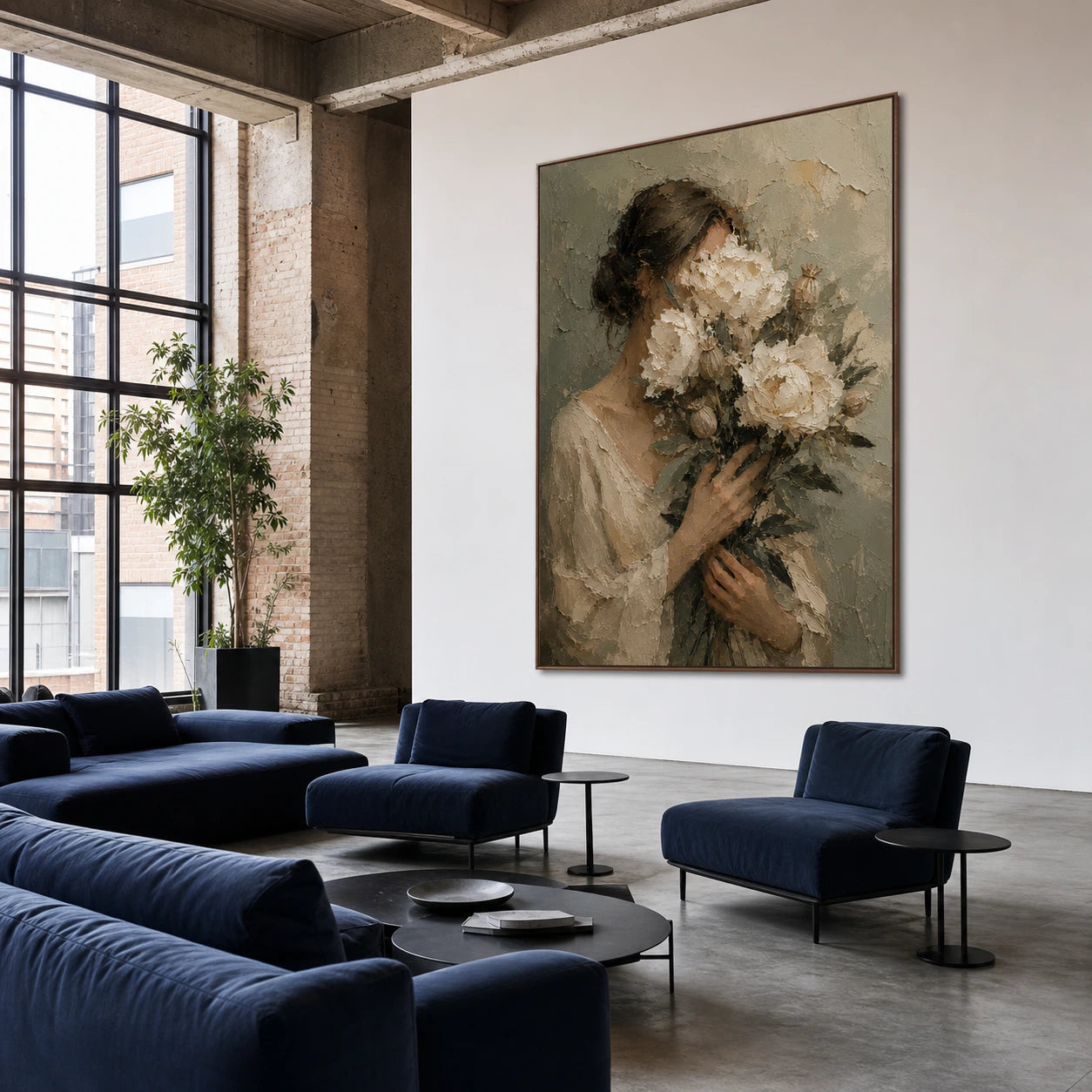 Petal-Reverie anchoring an expansive daylight-filled loft lounge with deep blue seating.