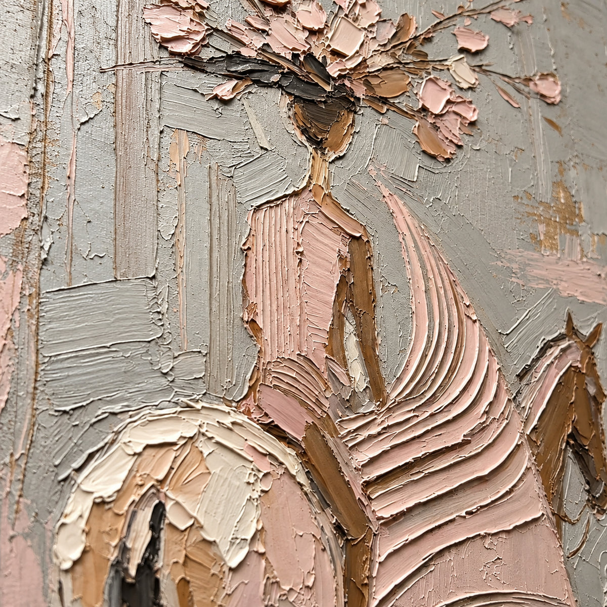 Petal-Rider oil painting brushwork and impasto detail photographed from an oblique side angle