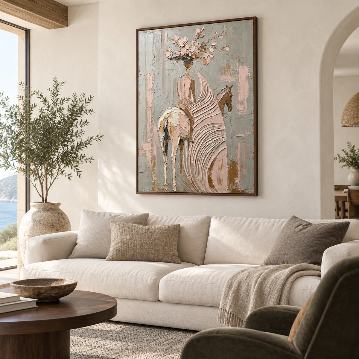 Petal-Rider as the focal artwork above a neutral sofa in a bright living room.