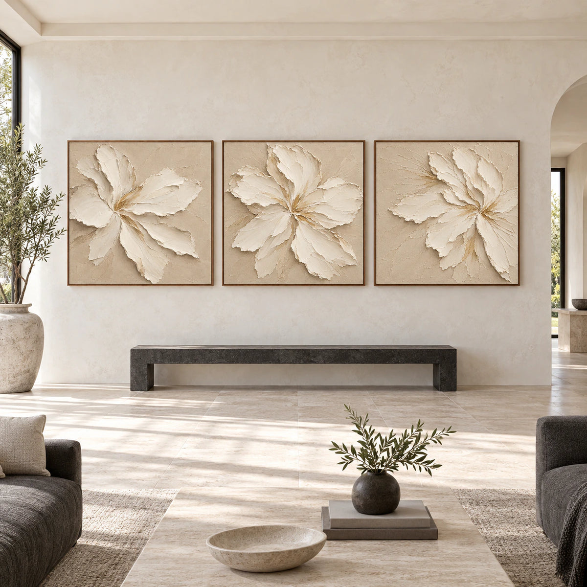 Large straight-on interior view of the Petal-Solstice ivory floral triptych in matching walnut frames.