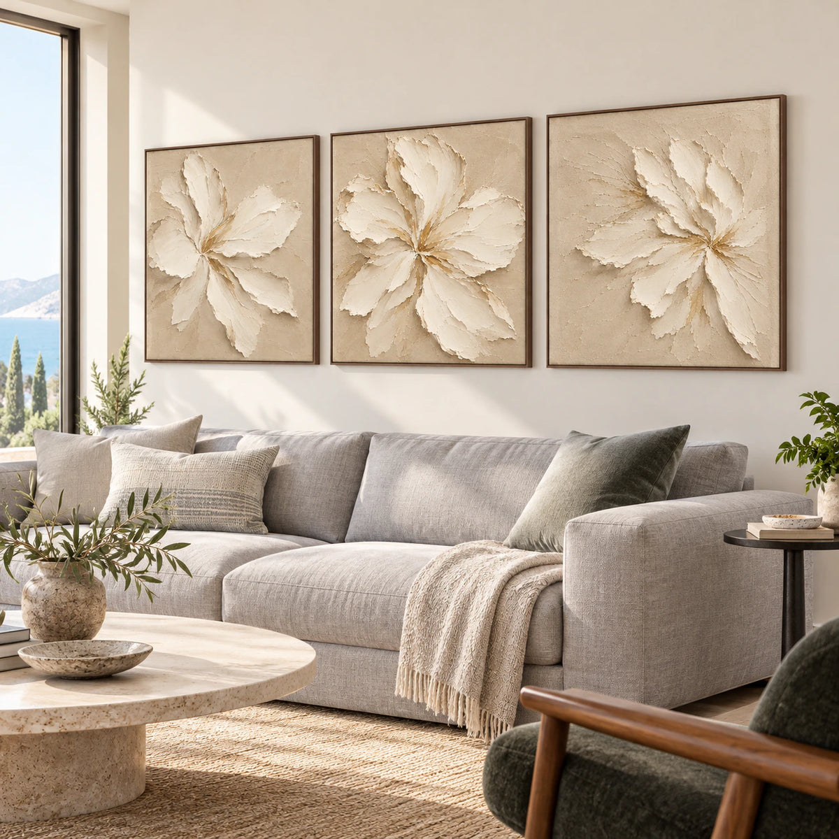 Petal-Solstice triptych above a contemporary living-room sofa in daylight.