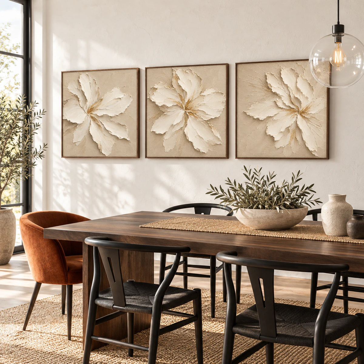 Petal-Solstice triptych displayed in a refined dining room with natural light.