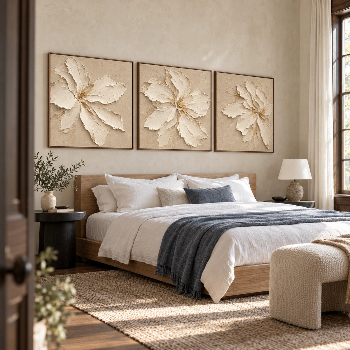 Petal-Solstice triptych in a quiet, sunlit bedroom.