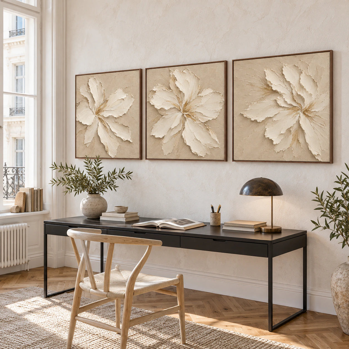 Petal-Solstice triptych in an airy reading and home-office space.