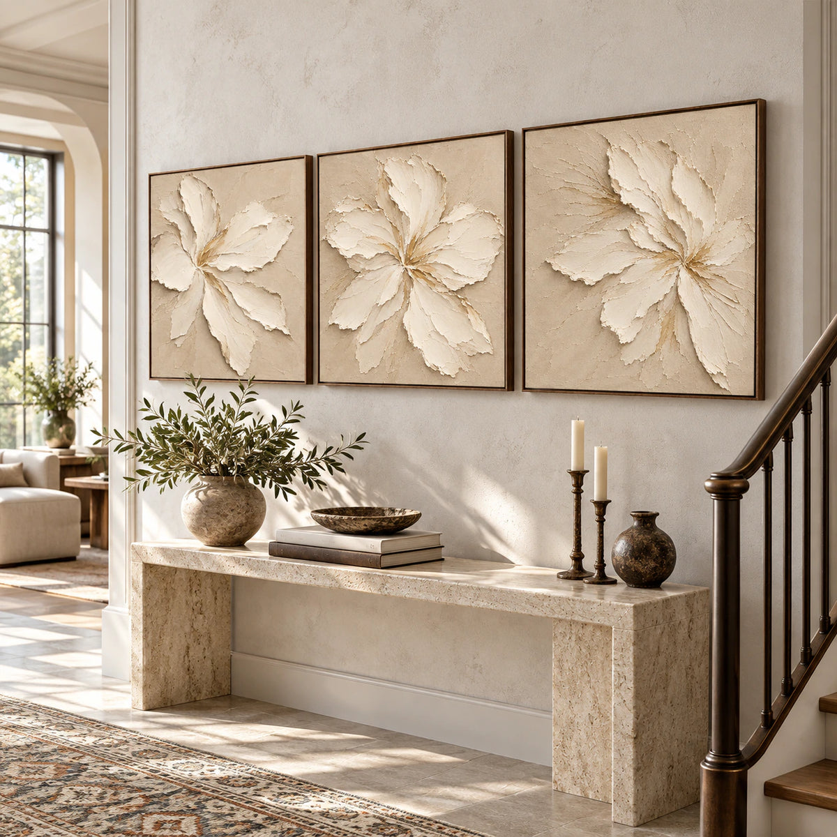 Petal-Solstice triptych as a large-scale focal point in a gallery-like foyer.