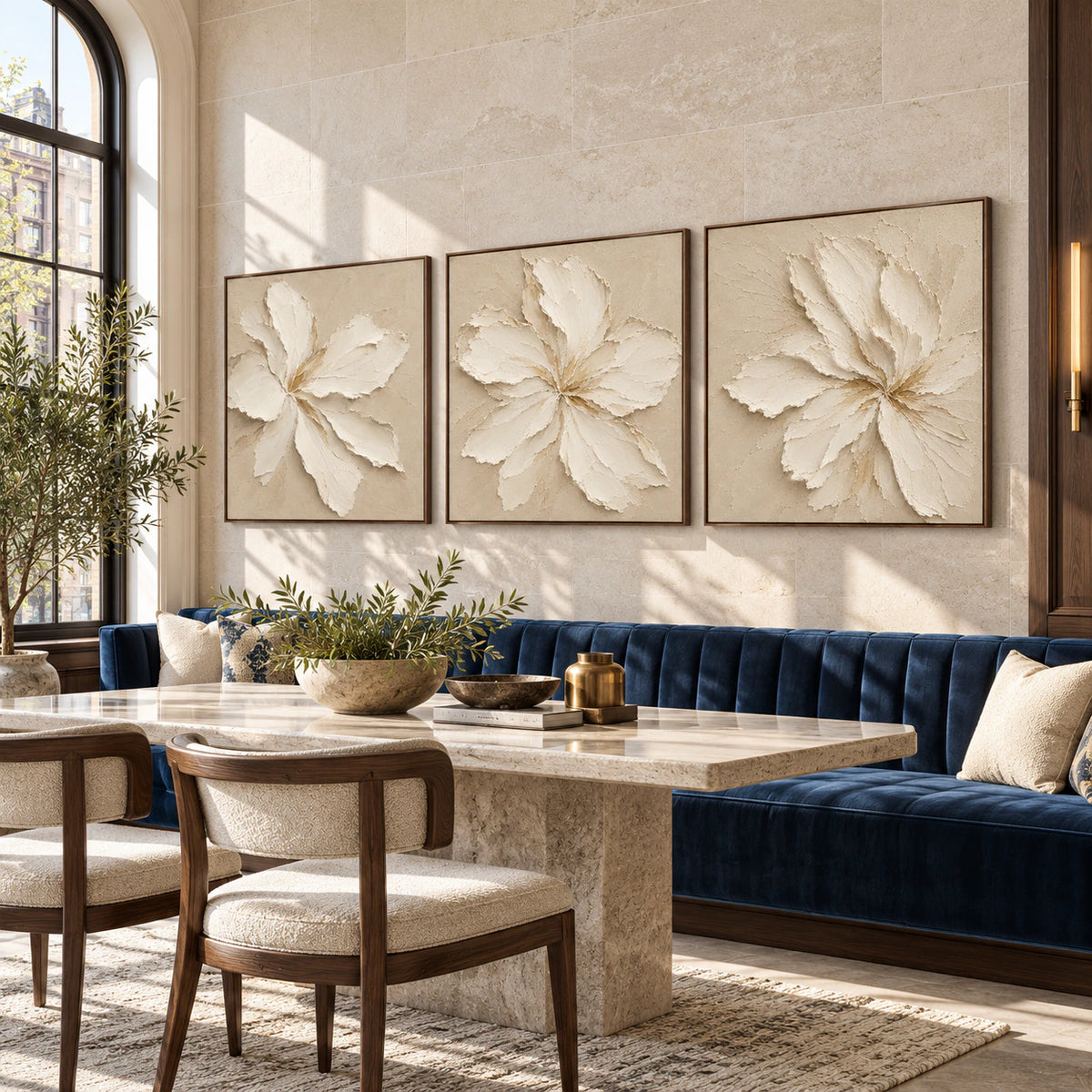 Petal-Solstice triptych in an expansive daylight-filled loft hospitality interior.