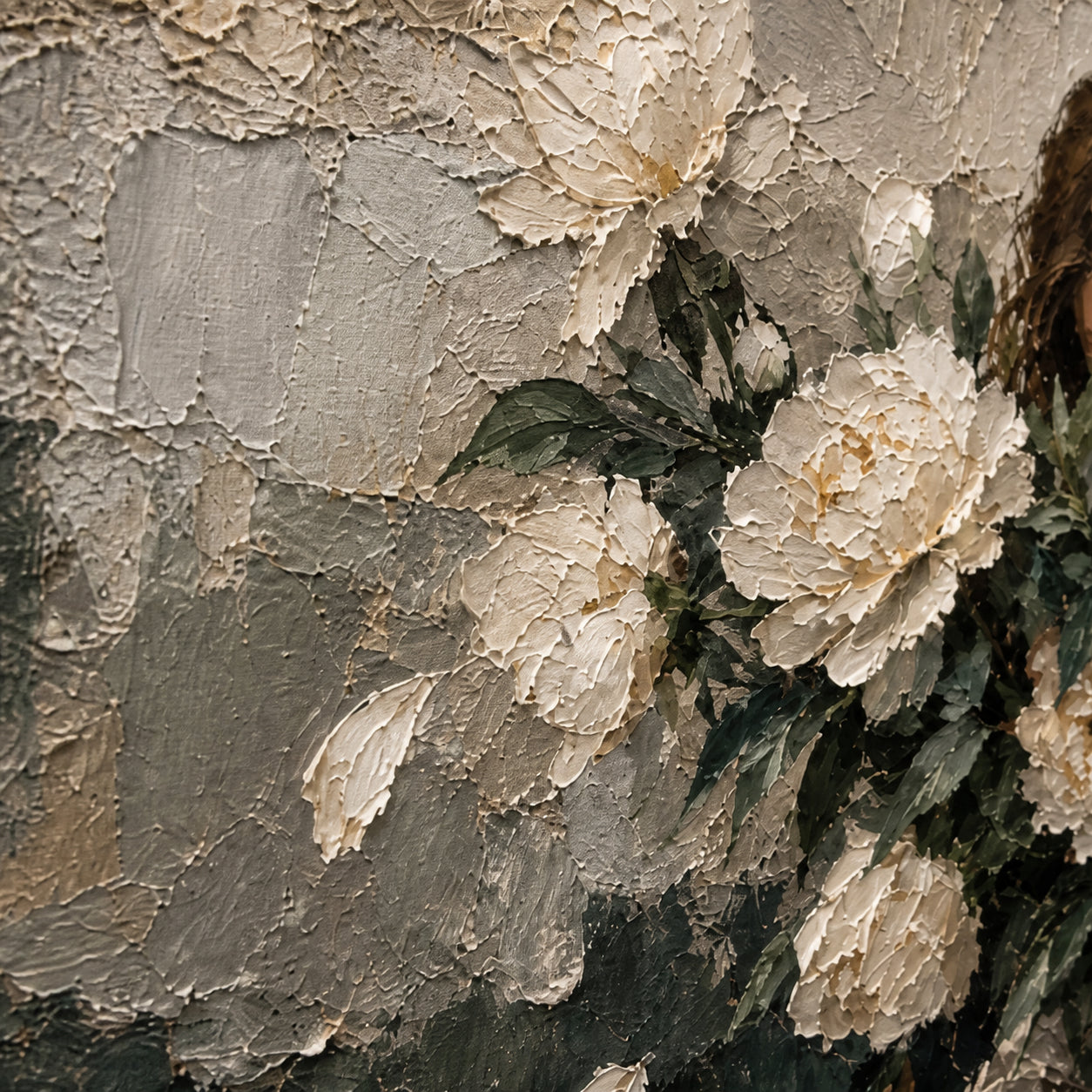 Petal-Veil oil painting brushwork and impasto detail photographed from an oblique side angle