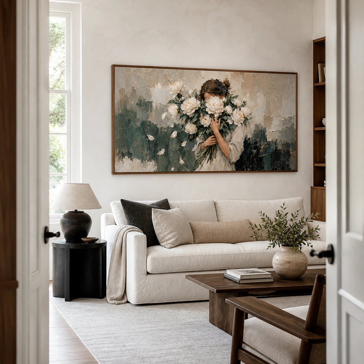 Petal-Veil above a pale sofa in a bright contemporary living room.
