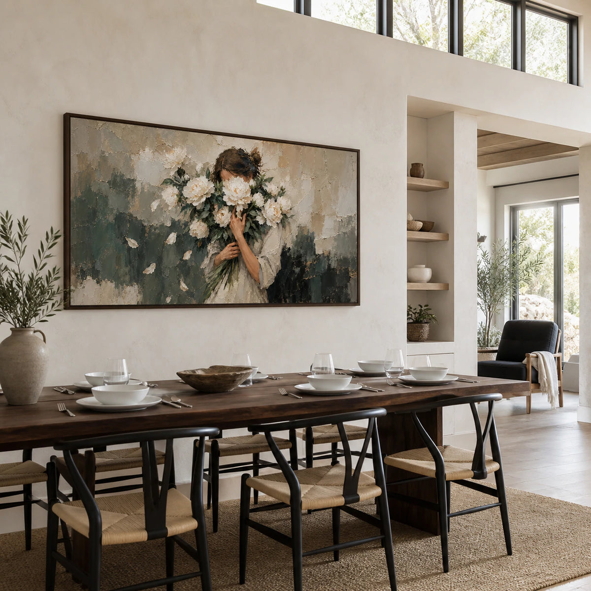 Petal-Veil as the focal artwork in a refined daylight dining room.