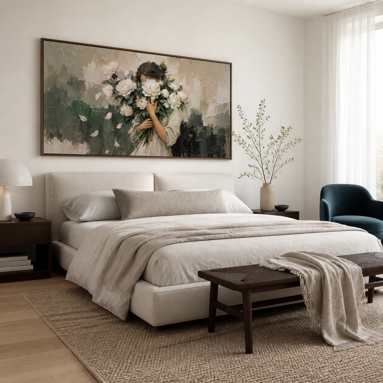 Petal-Veil above a low bed in a quiet, light-filled bedroom.