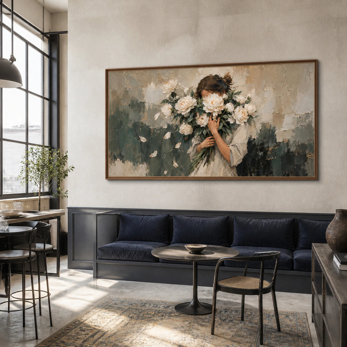 Petal-Veil as a large focal artwork in an open hospitality loft.