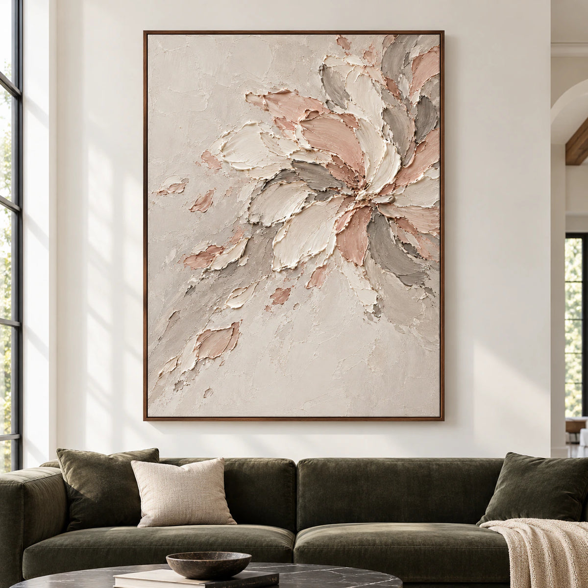 Large vertical painting of a loose ivory, dusty rose and taupe bloom displayed straight-on in a spacious, light-filled room.