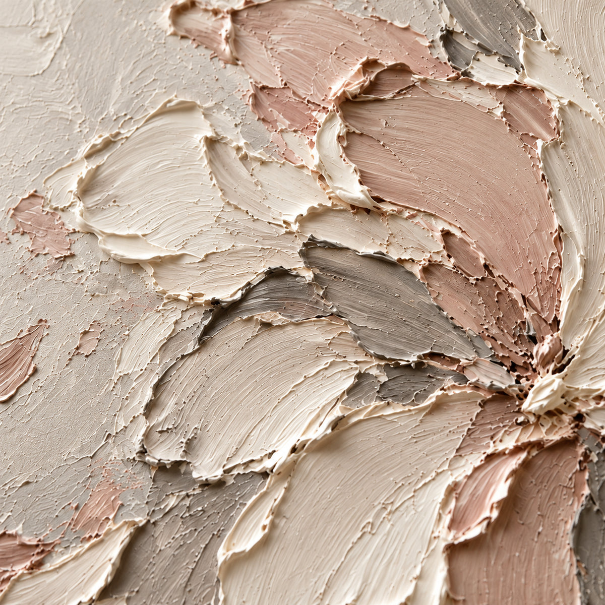 Petal-Whorl oil painting brushwork and impasto detail photographed from an oblique side angle