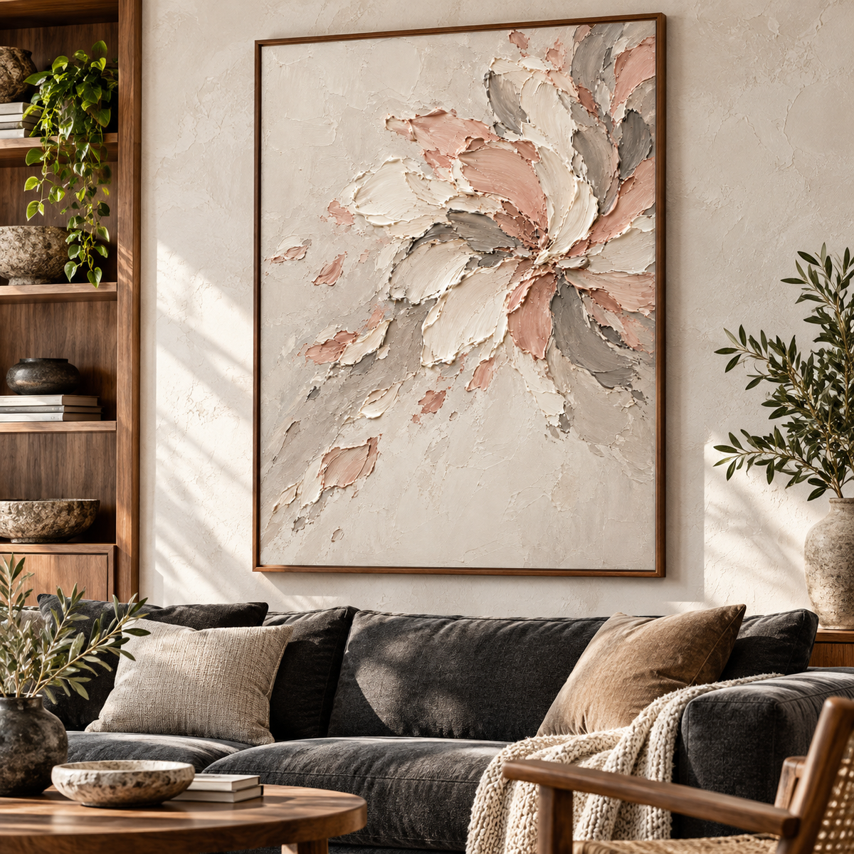 Large vertical floral abstract painting above a charcoal sofa in a bright living room with pale walls and natural daylight.