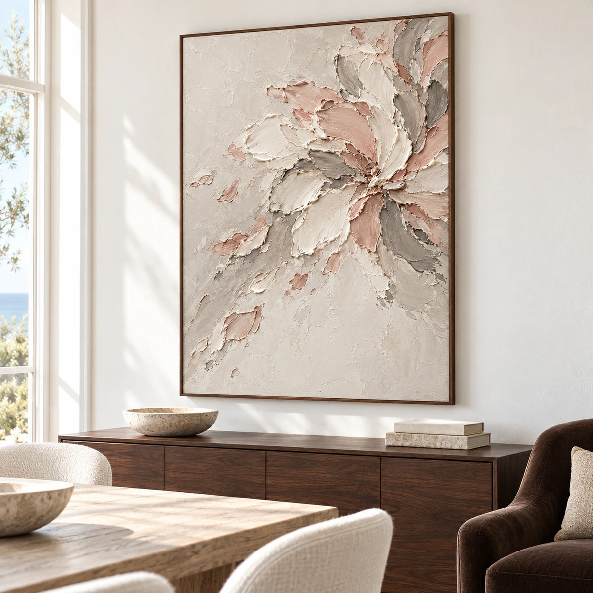 Large vertical painting displayed in a refined dining room above a dark wood sideboard, with daylight across the room.