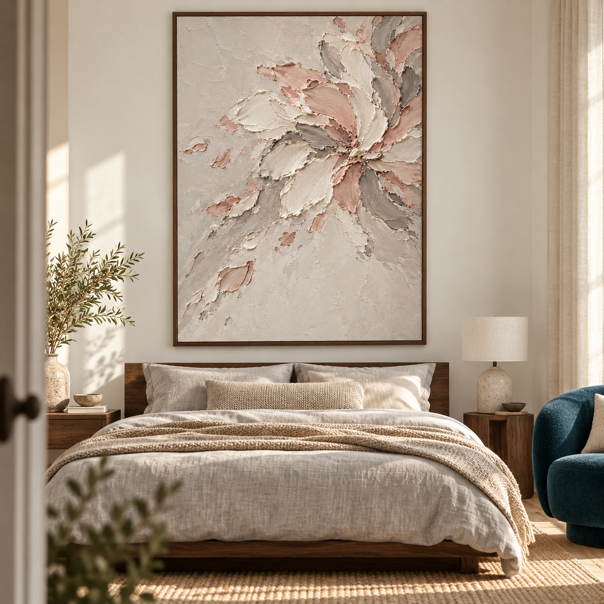 Large vertical floral abstract painting above a simple bed in a quiet, sunlit bedroom with restrained neutral furnishings.