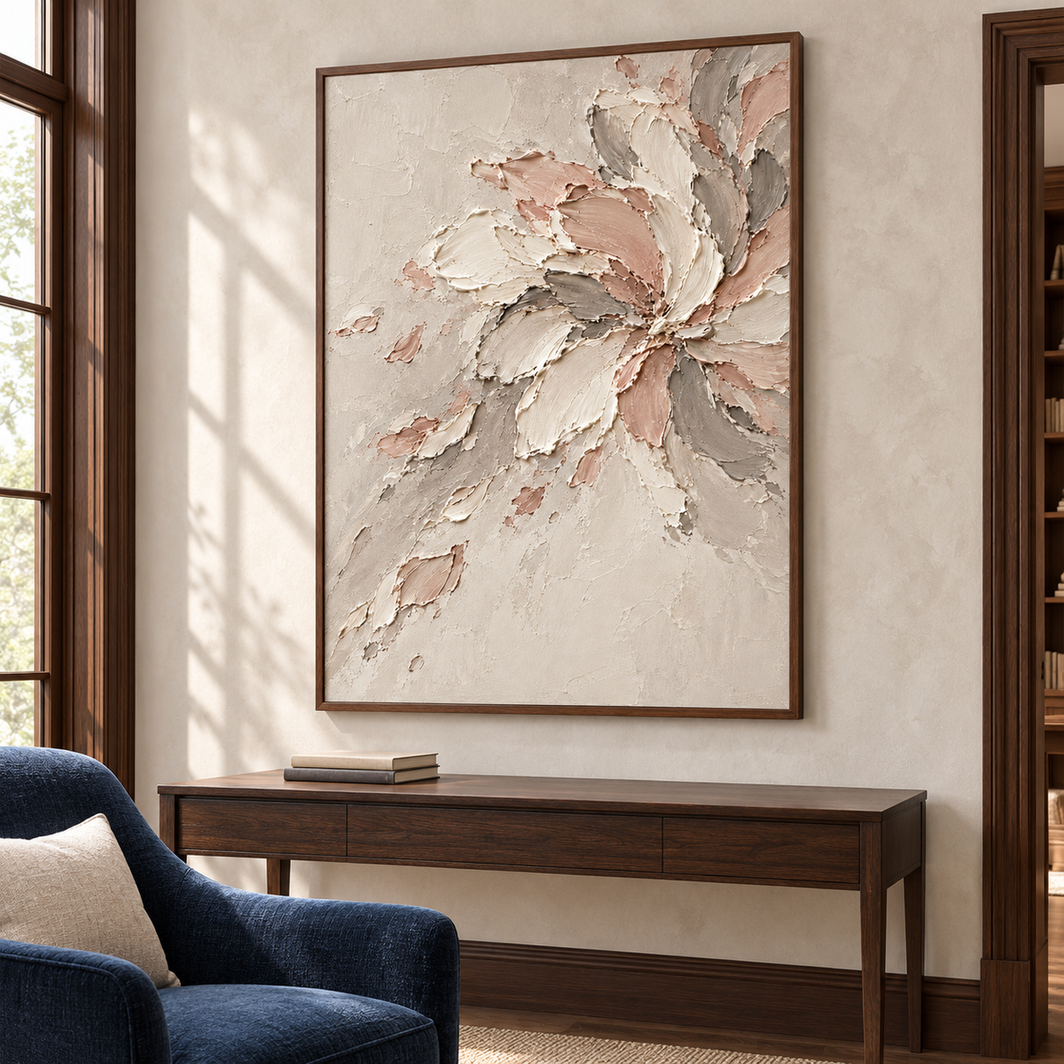 Large vertical painting in an airy home office beside a reading chair, with open daylight and clean architectural lines.
