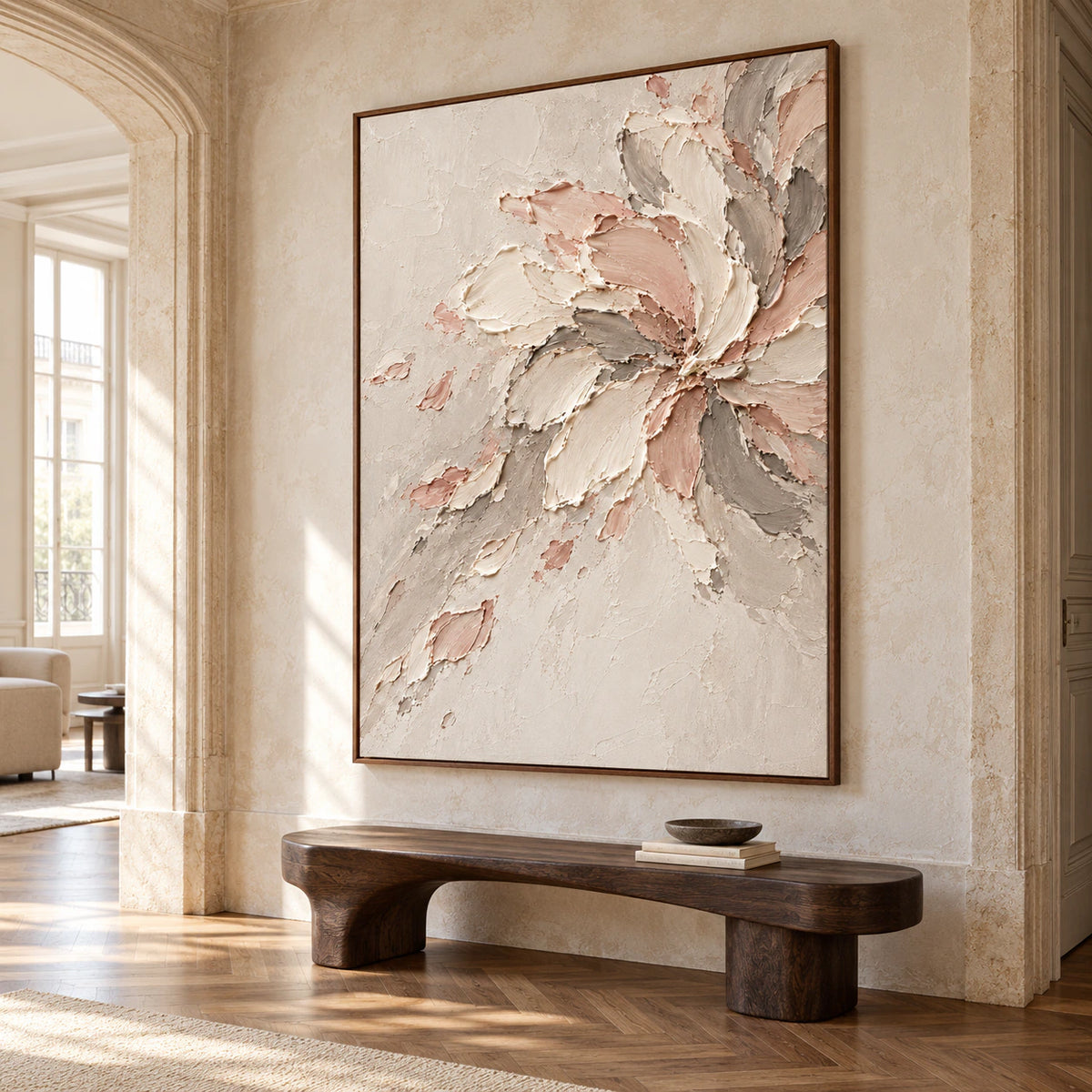 Large vertical floral artwork commanding a bright gallery-scale foyer, framed by pale stone and open shadow detail.