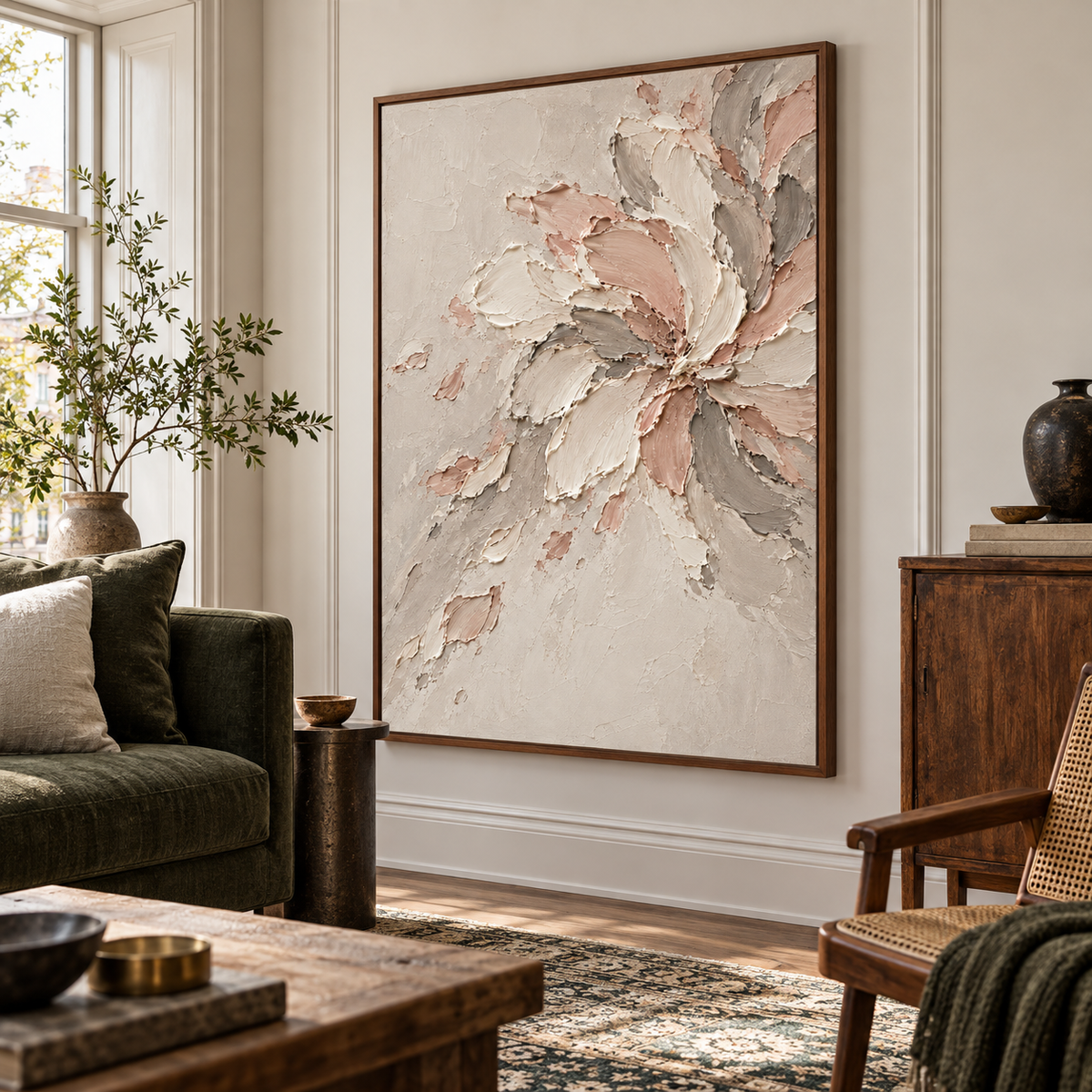 Large vertical painting anchoring an expansive loft hospitality interior with concrete, dark furnishings and soft natural light.