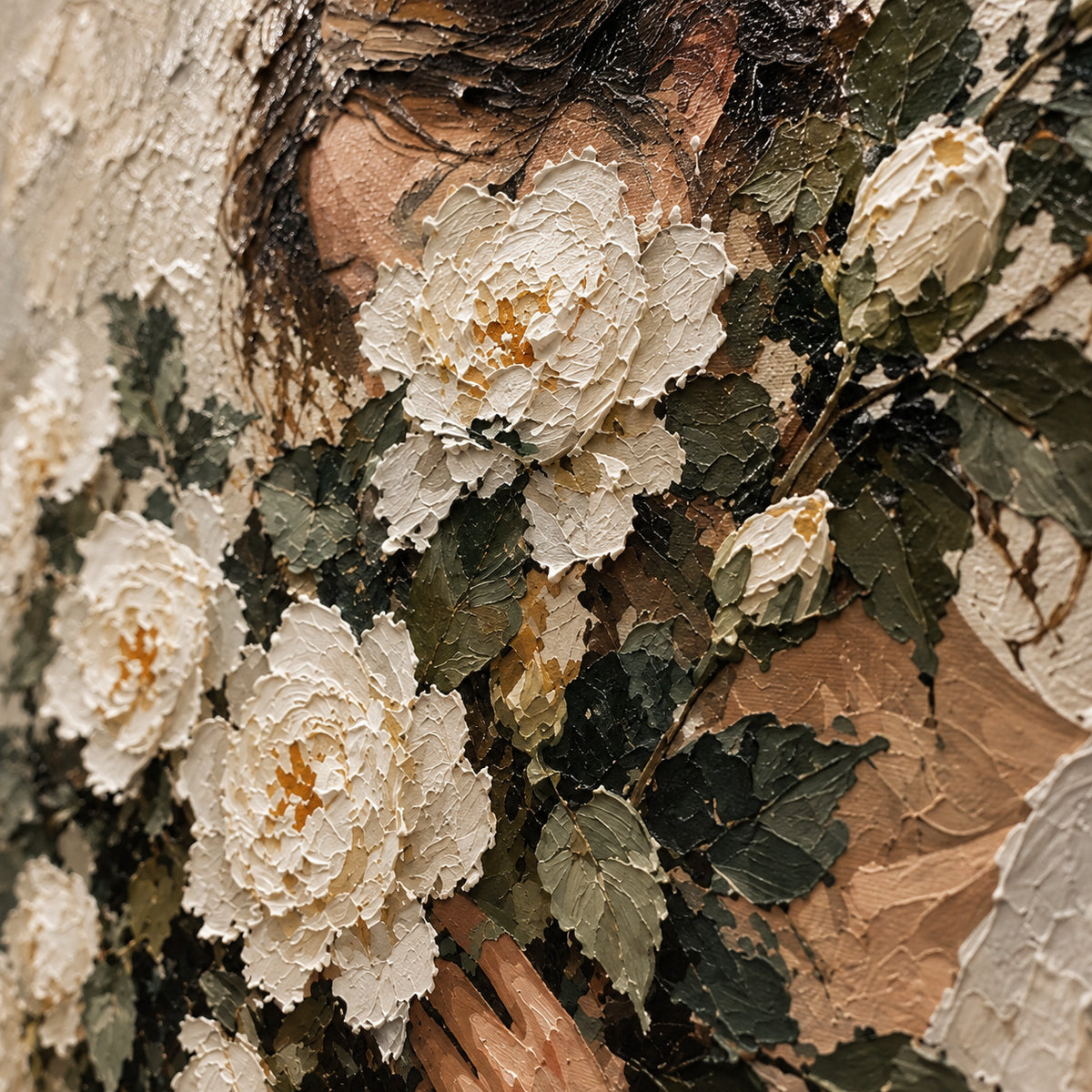 Petaled-Reverie oil painting brushwork and impasto detail photographed from an oblique side angle