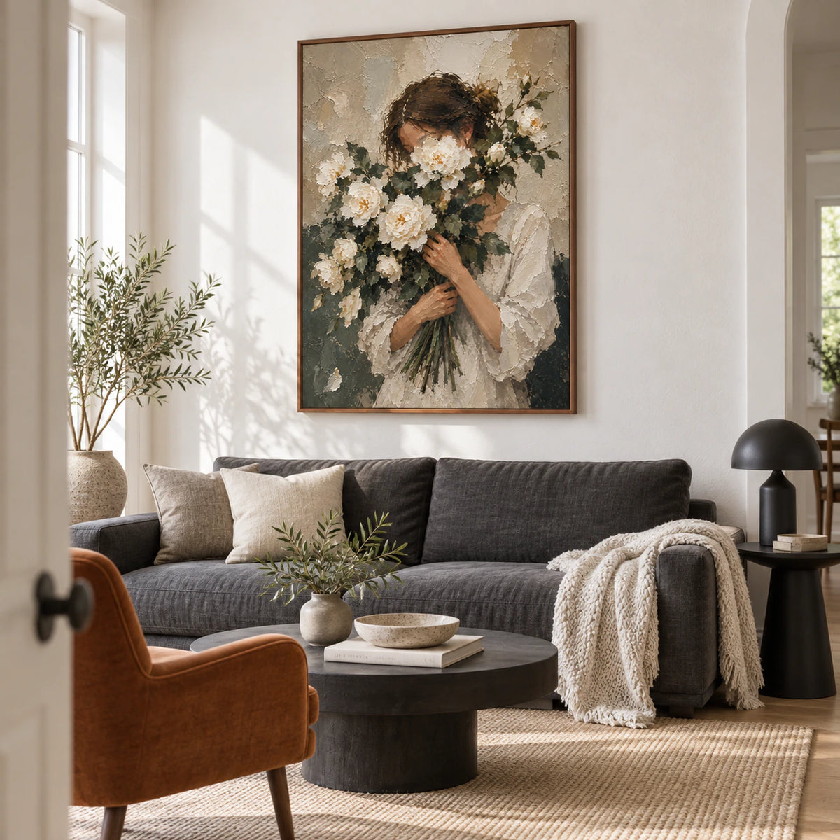 Petaled-Reverie above a restrained contemporary sofa in a bright living room.