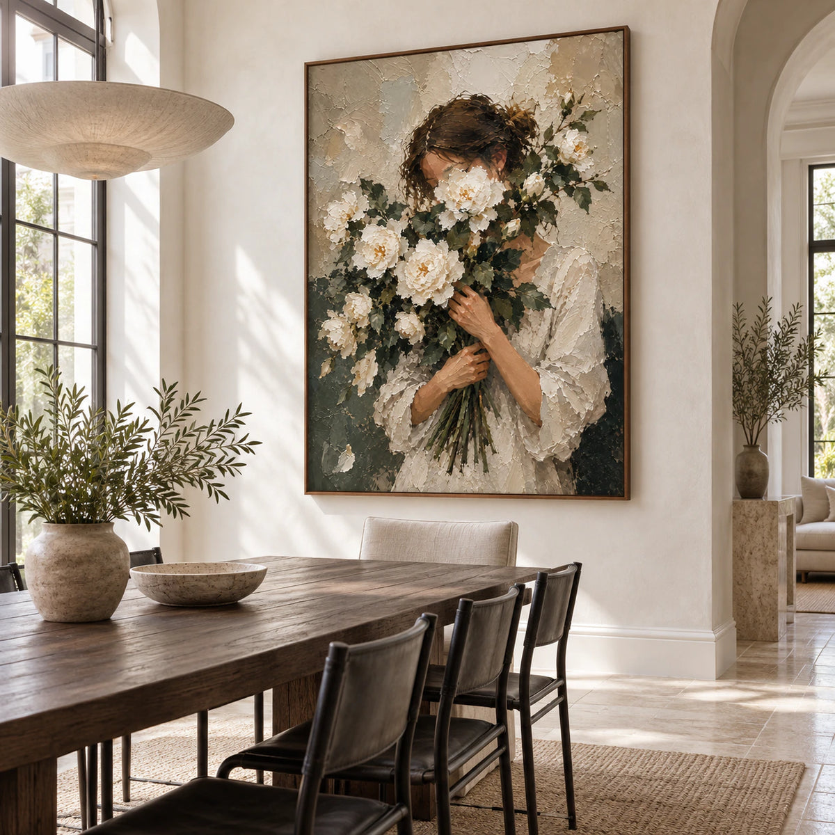 Petaled-Reverie as the focal artwork in a refined daylight dining room.