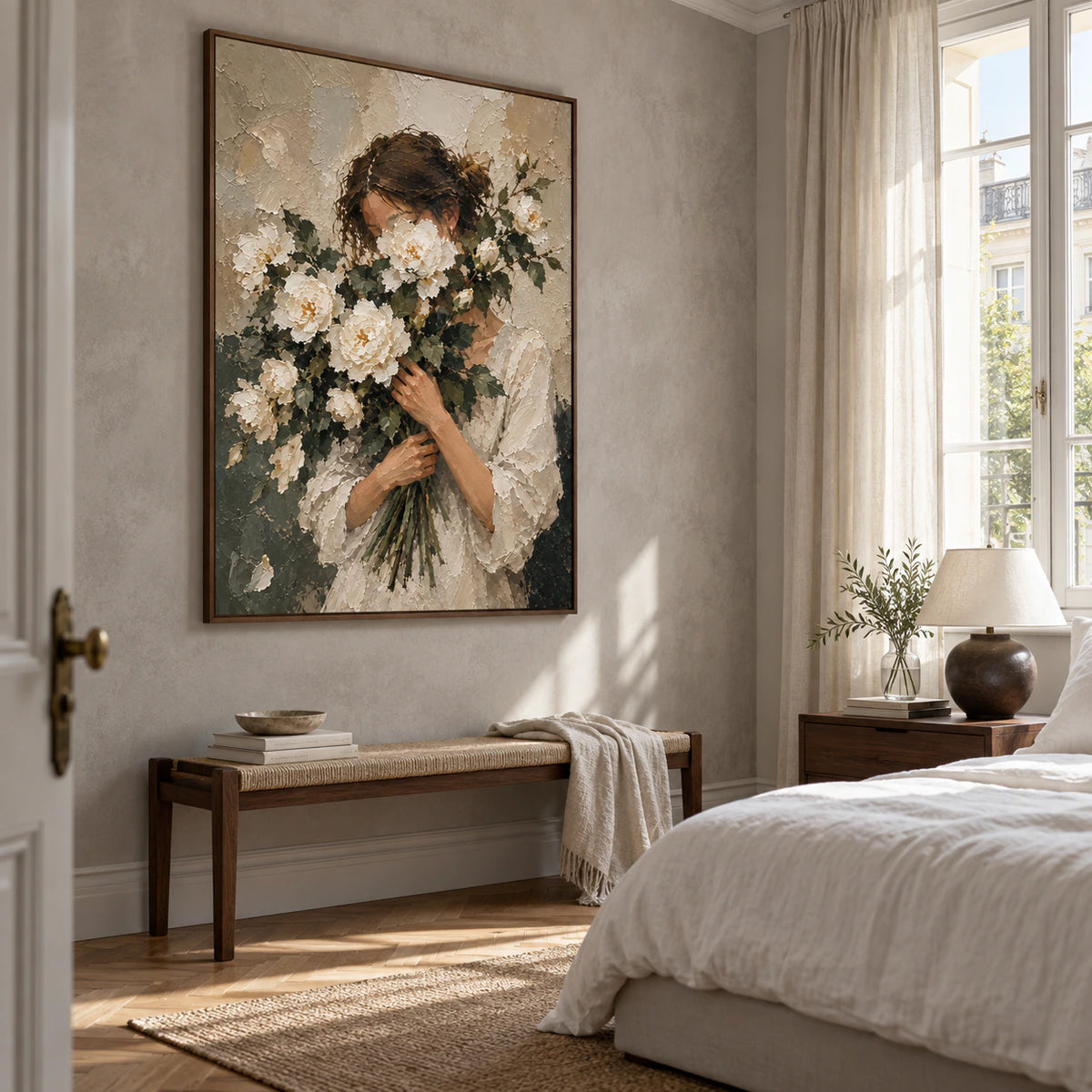 Petaled-Reverie installed above a low console in a quiet, airy bedroom.