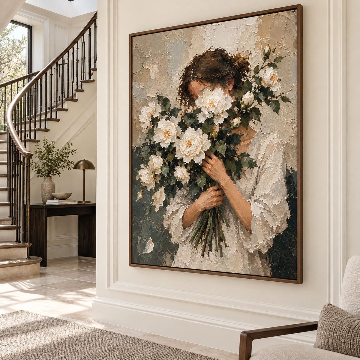 Petaled-Reverie presented at gallery scale in a bright stone-clad foyer.