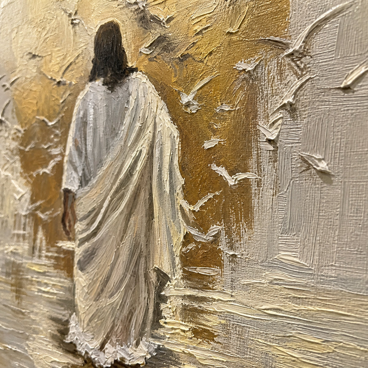 Pilgrim-Reverie oil painting brushwork and impasto detail photographed from an oblique side angle