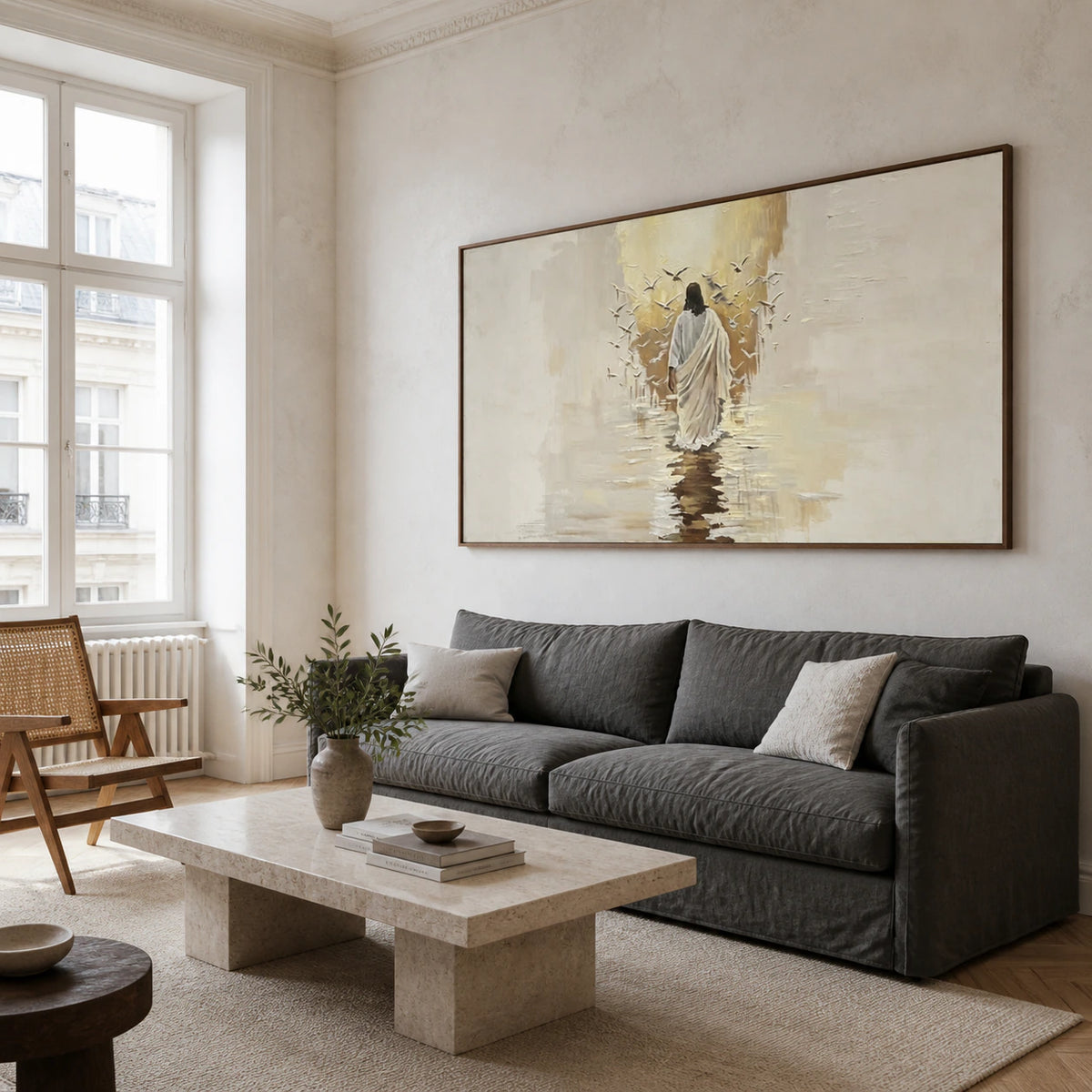 Pilgrim-Reverie above a seating area in a bright contemporary living room.