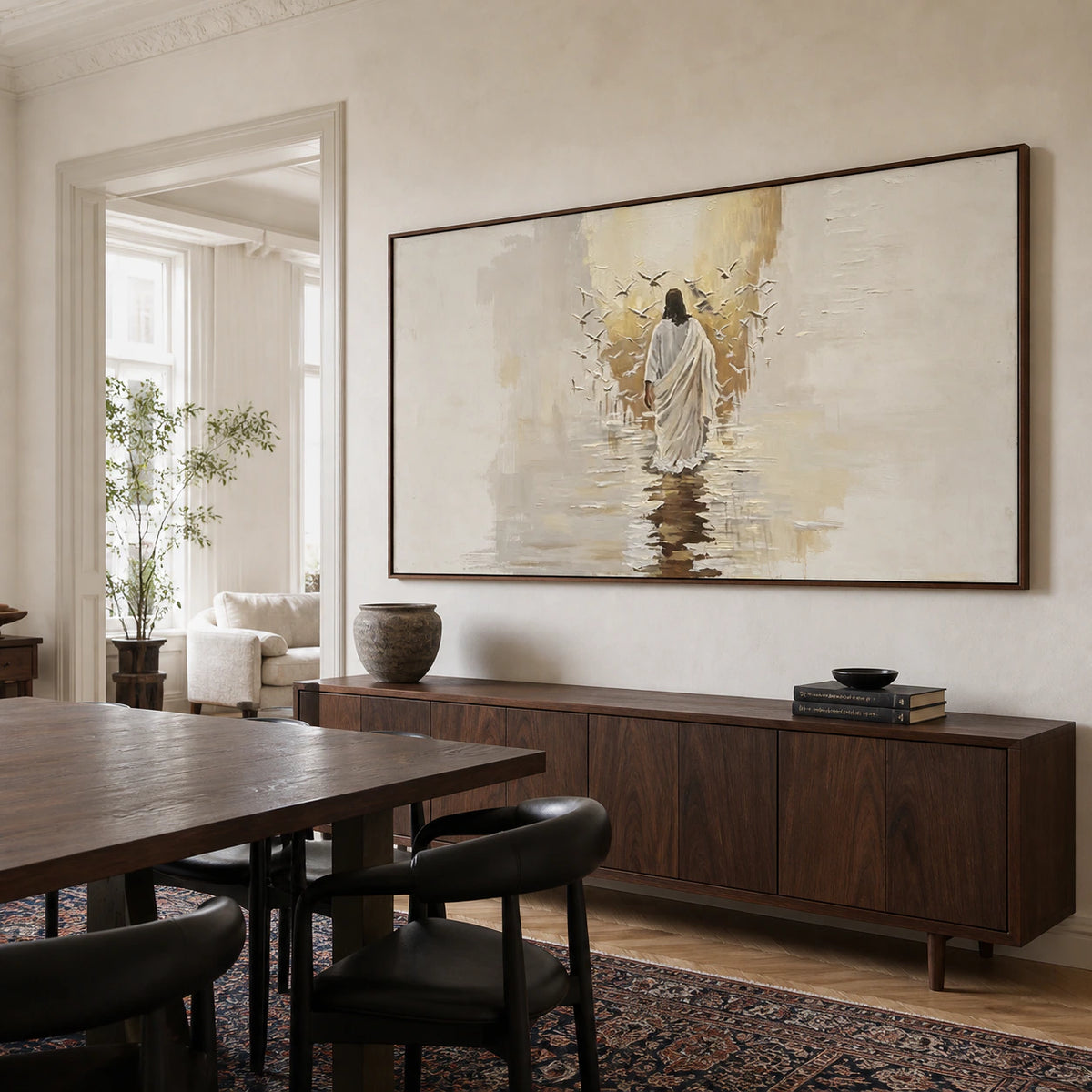 Pilgrim-Reverie as the focal artwork in a refined daylight dining room.