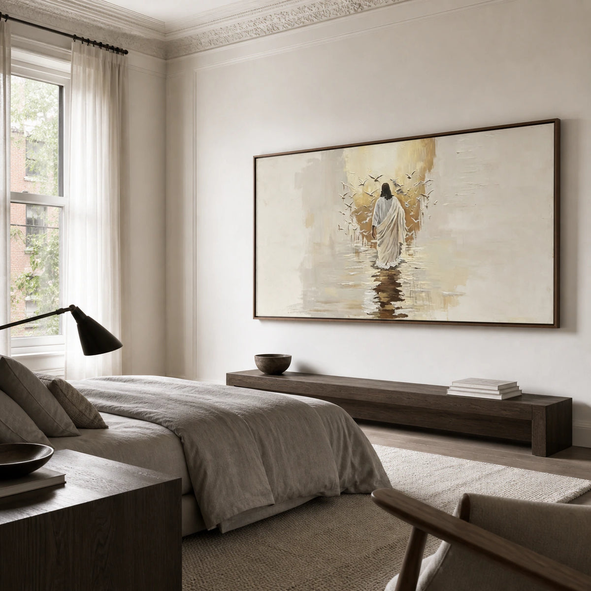 Pilgrim-Reverie installed above a low console in a quiet bedroom.