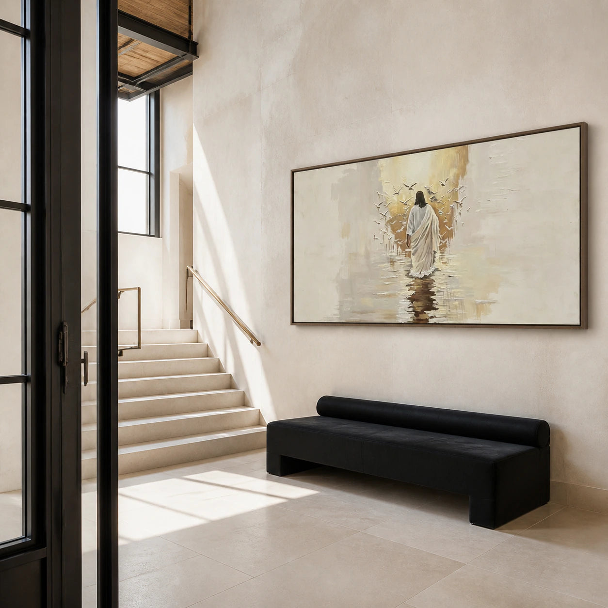 Pilgrim-Reverie at gallery scale in a bright architectural foyer.