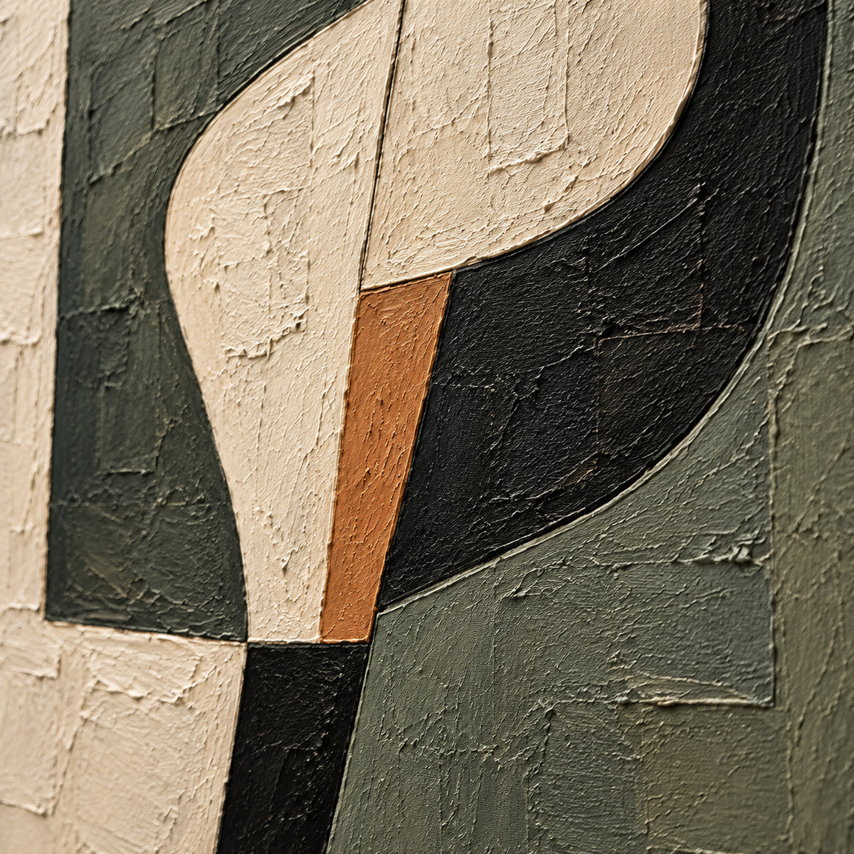 Pillar-Crescent oil painting brushwork and impasto detail photographed from an oblique side angle