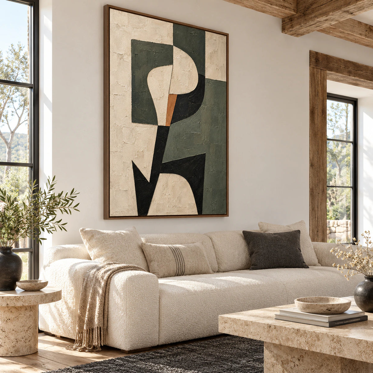 Pillar-Crescent above a bright living-room sofa.