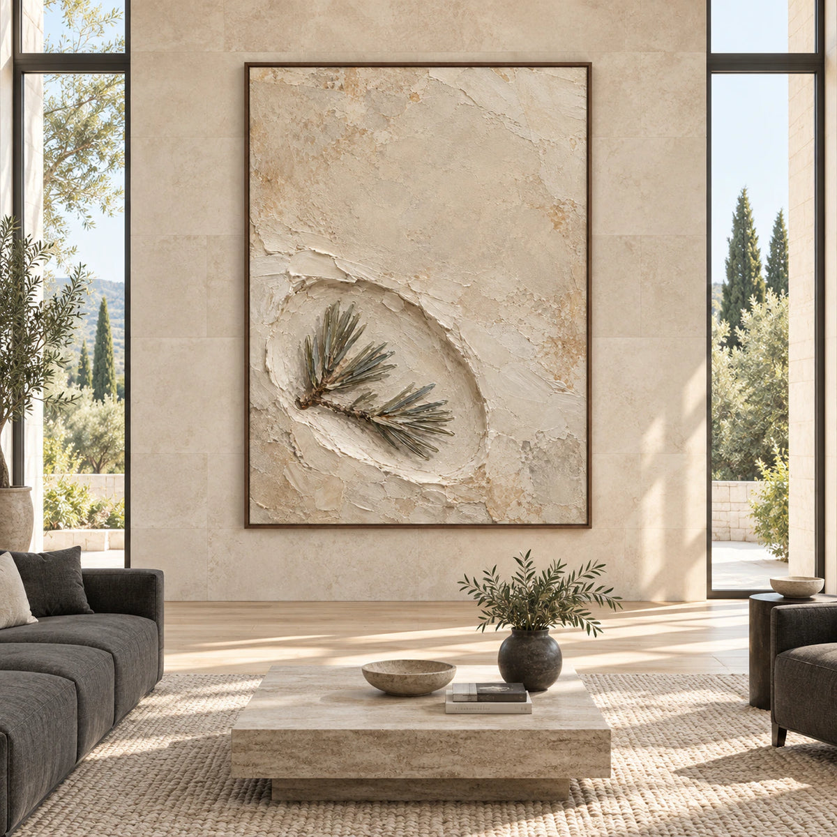 Large textured pine relief wall art displayed straight-on in a spacious sunlit interior.