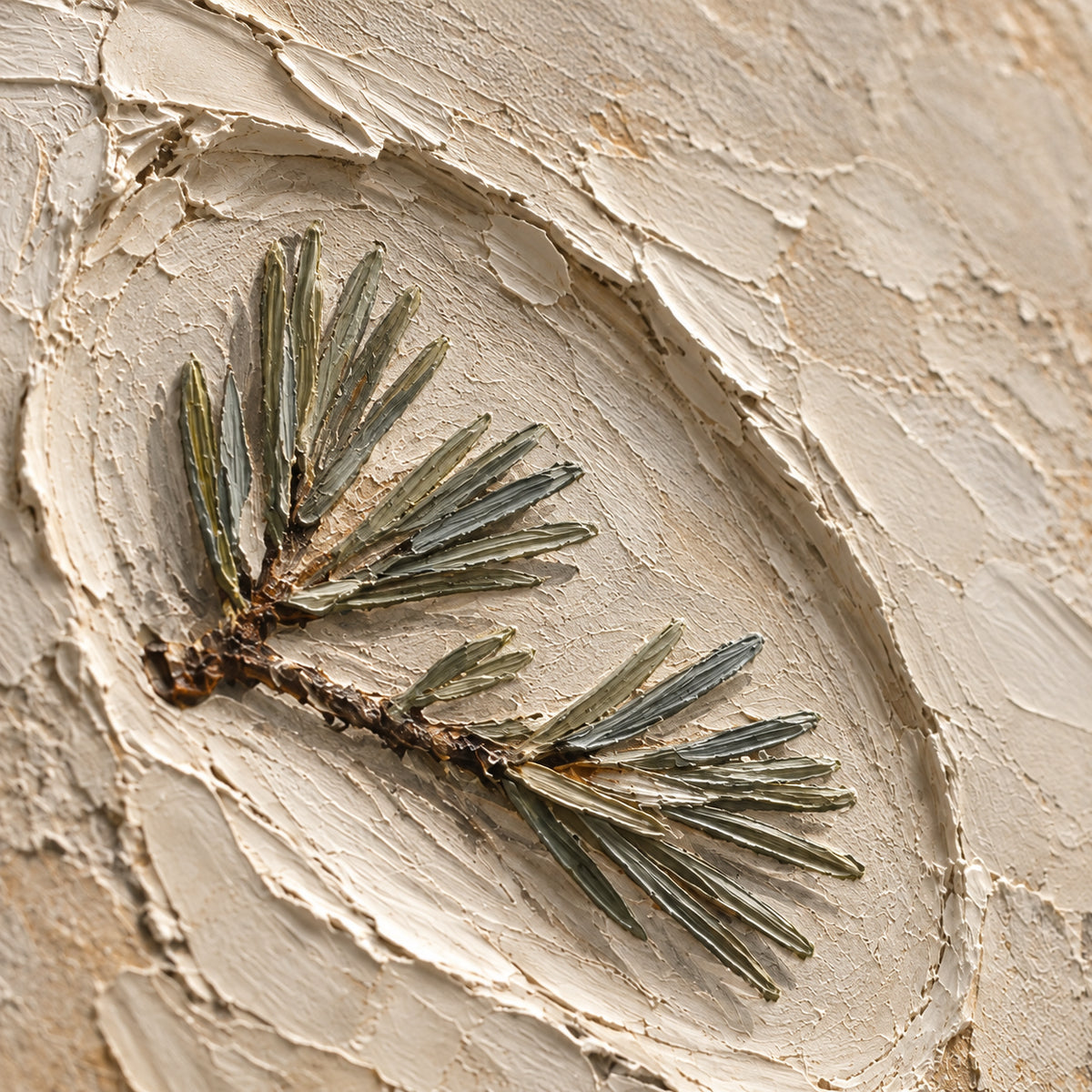 Pine-Relief oil painting brushwork and impasto detail photographed from an oblique side angle
