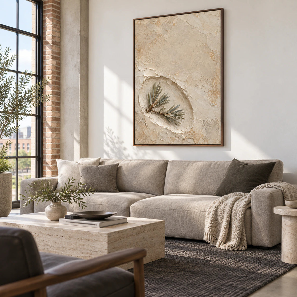 Textured pine relief wall art above a sofa in a bright living room.