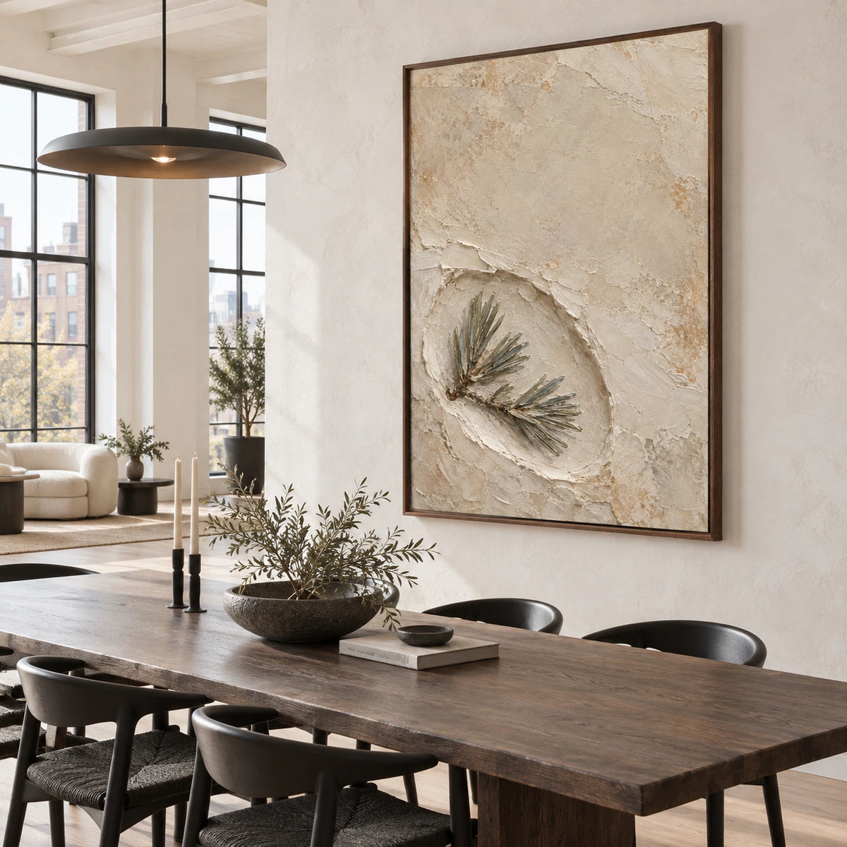 Textured pine relief wall art in a refined daylight dining room.