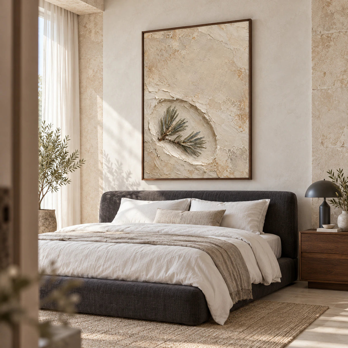 Textured pine relief wall art above a bed in a quiet bedroom.
